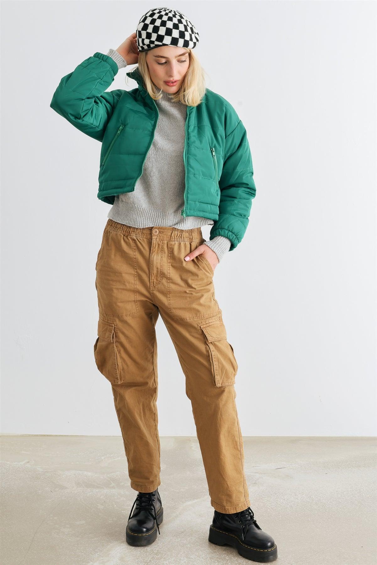 Green Puffer Zip-Up Two Pocket Cropped Jacket /1-2-2-1