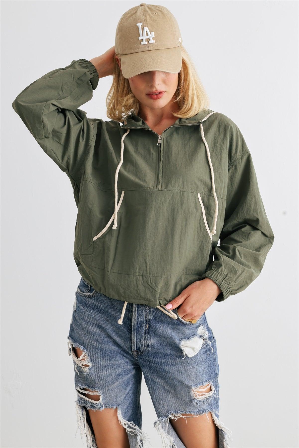 Dusty Green Zip-Up Long Sleeve Drawstring Hem Hooded Pullover /1-2-2-1