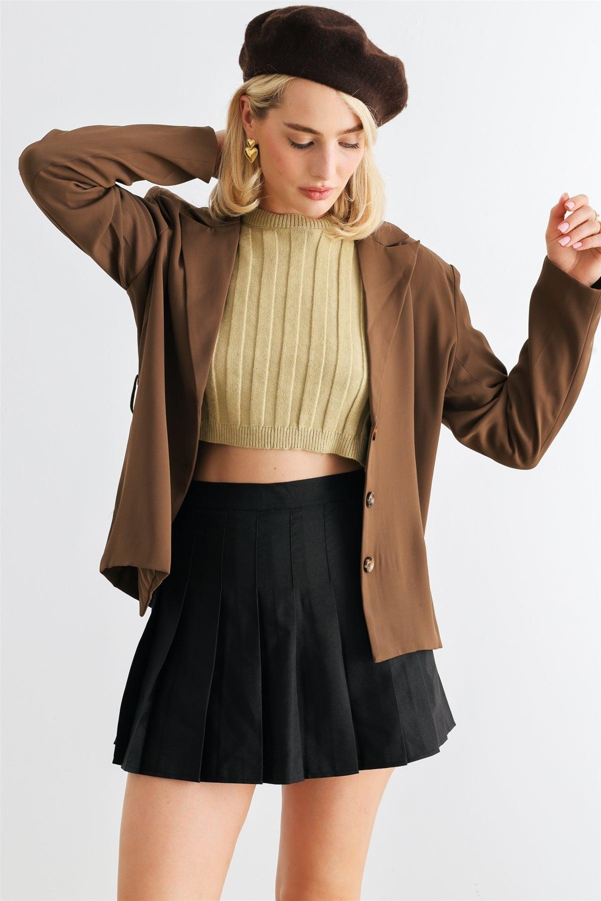 Brown Button-Up Long Sleeve Belted Blazer /1-2-1-1