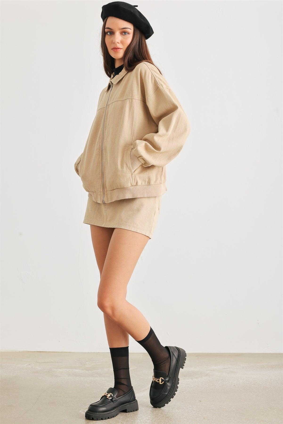 Khaki Cotton Zip-Up Jacket & Mid Rise Mini Skirt Set /1-2-2-1