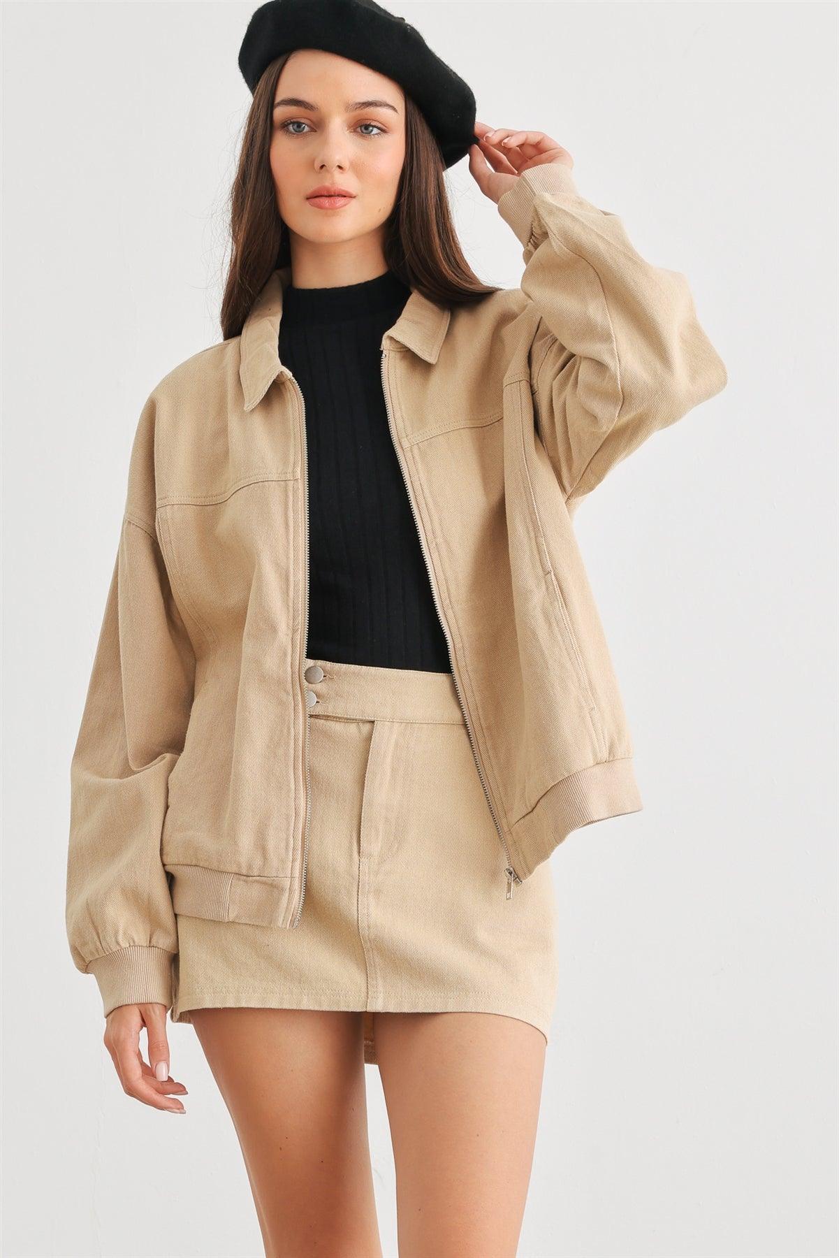 Khaki Cotton Zip-Up Jacket & Mid Rise Mini Skirt Set /1-2-2-1