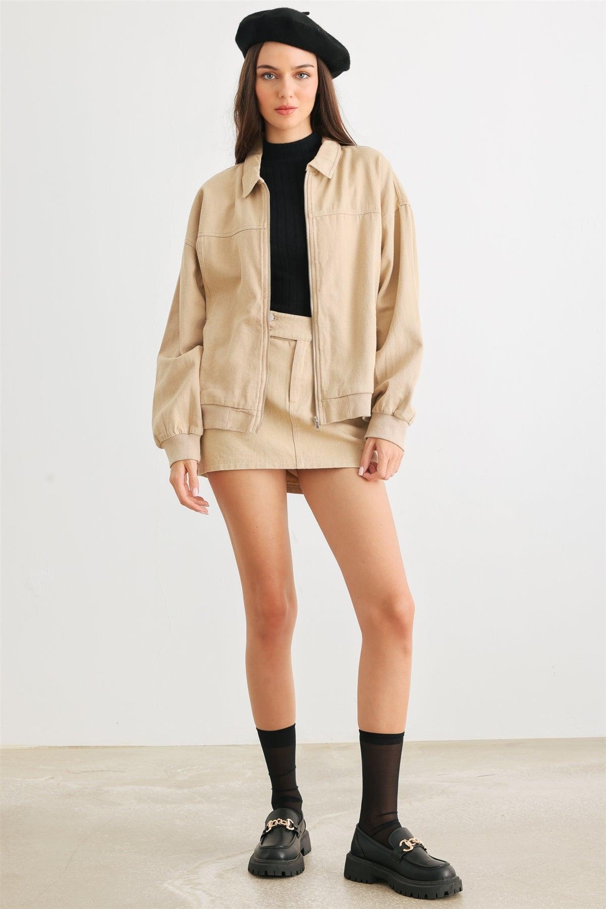 Khaki Cotton Zip-Up Jacket & Mid Rise Mini Skirt Set /1-2-2-1