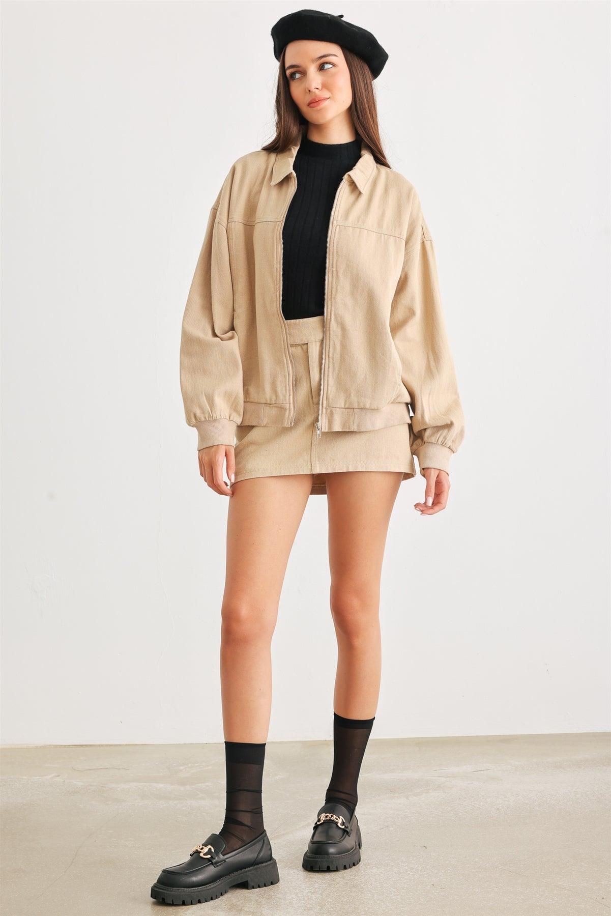 Khaki Cotton Zip-Up Jacket & Mid Rise Mini Skirt Set /1-2-2-1