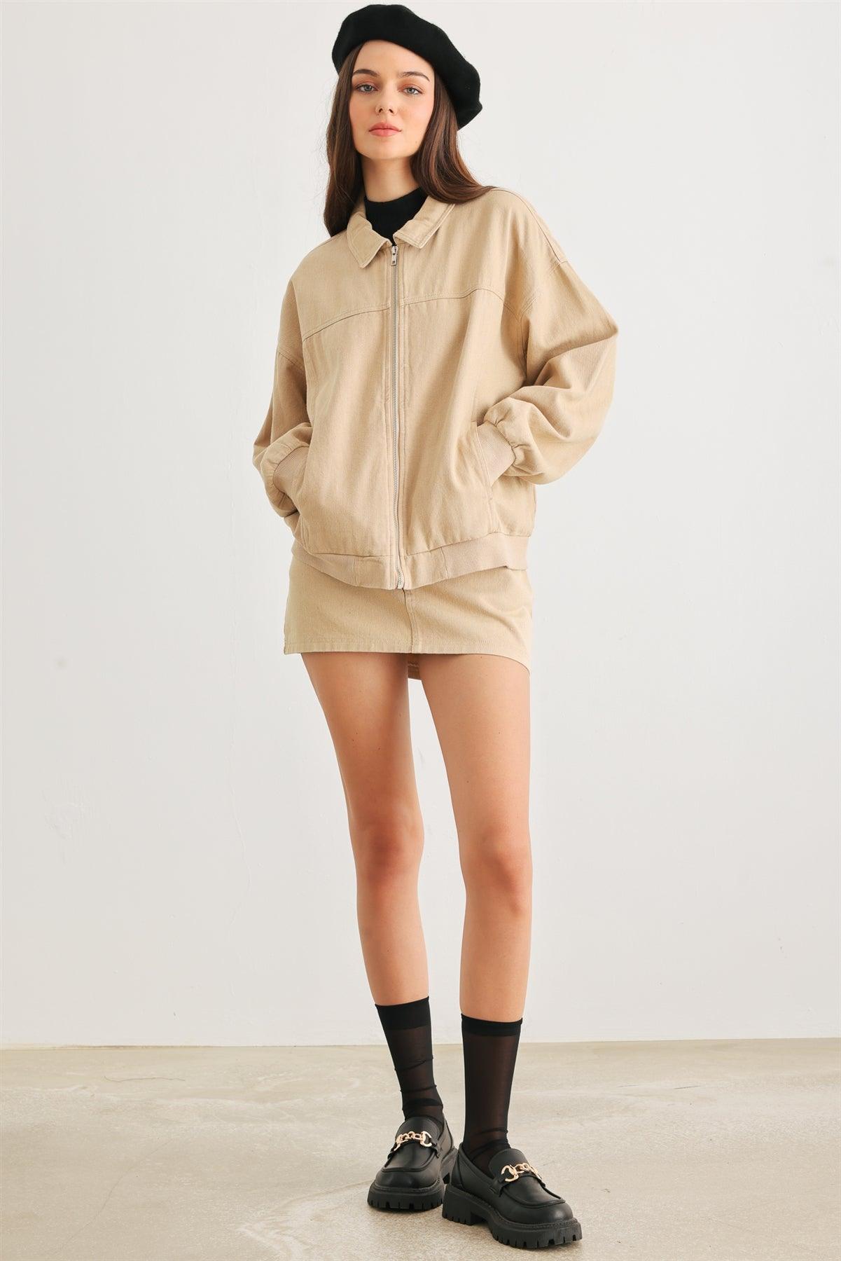 Khaki Cotton Zip-Up Jacket & Mid Rise Mini Skirt Set /1-3-1-1