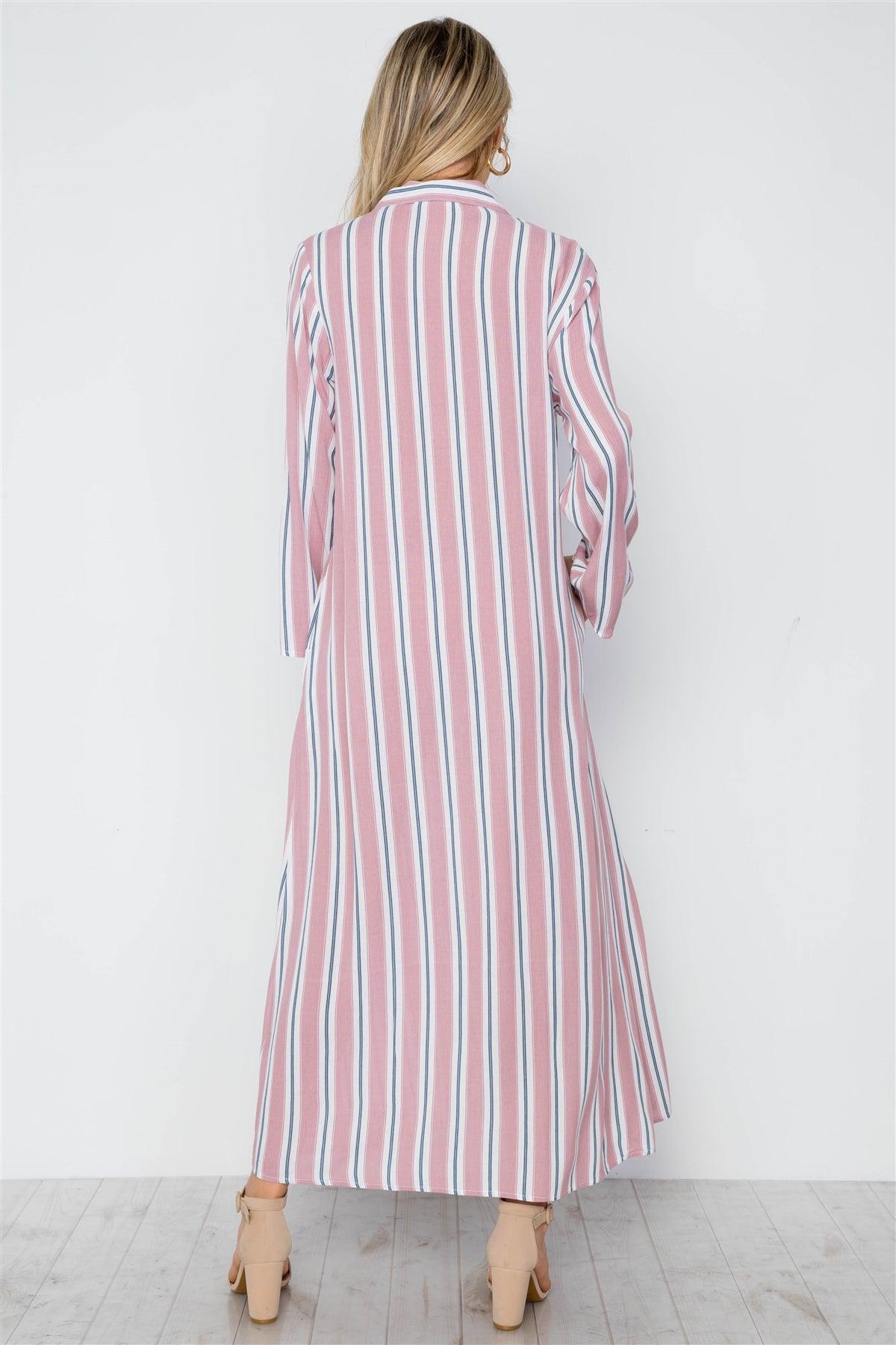 Mauve Multi Stripe Button Down Dress Maxi Blouse Shirt