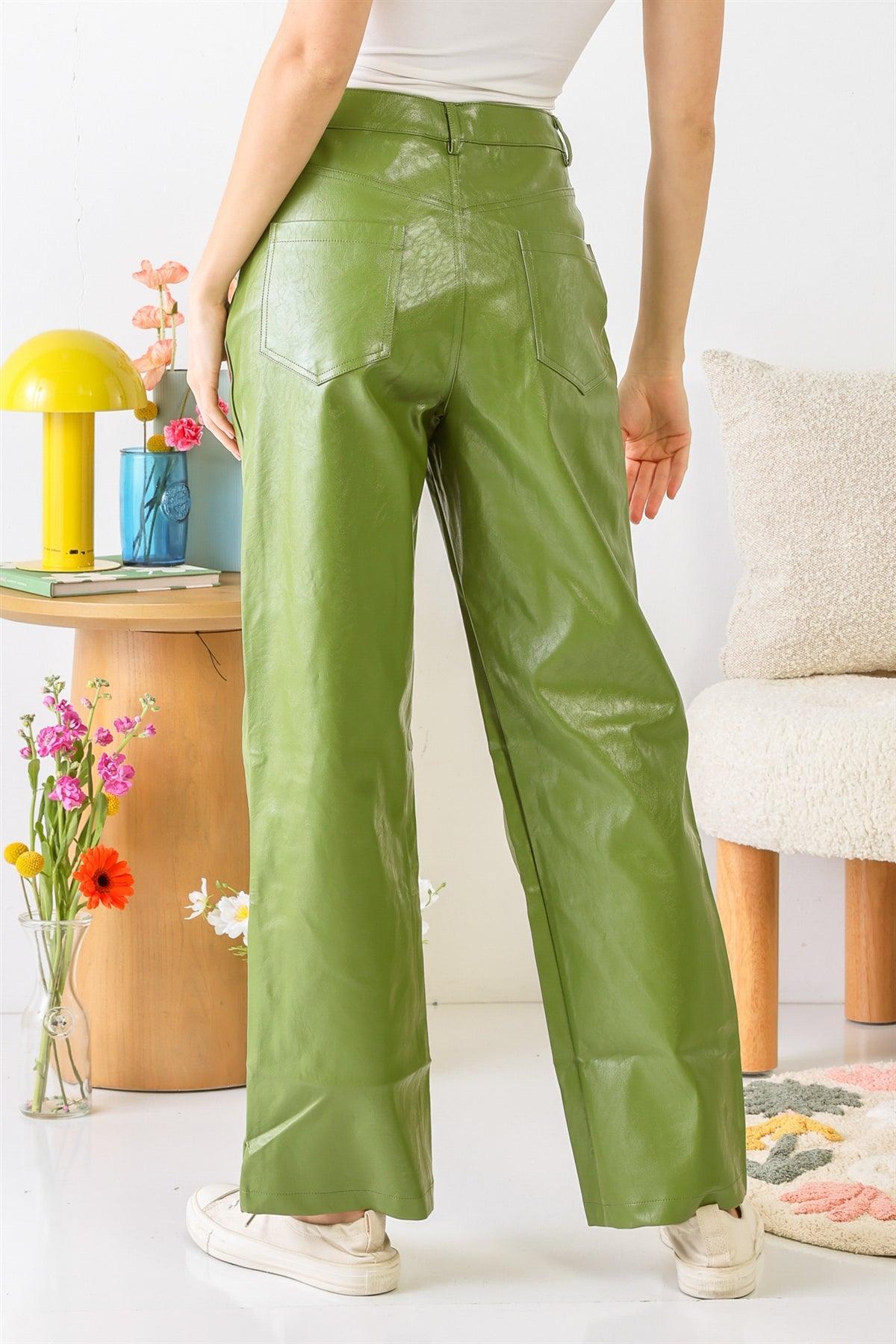 Green Faux Leather Four Pocket Wide Leg High Waist Pants /1-2-2-1