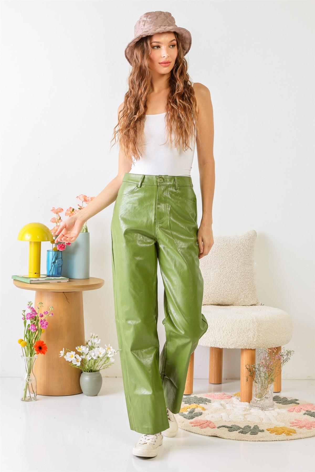 Green Faux Leather Four Pocket Wide Leg High Waist Pants /1-2-2-1