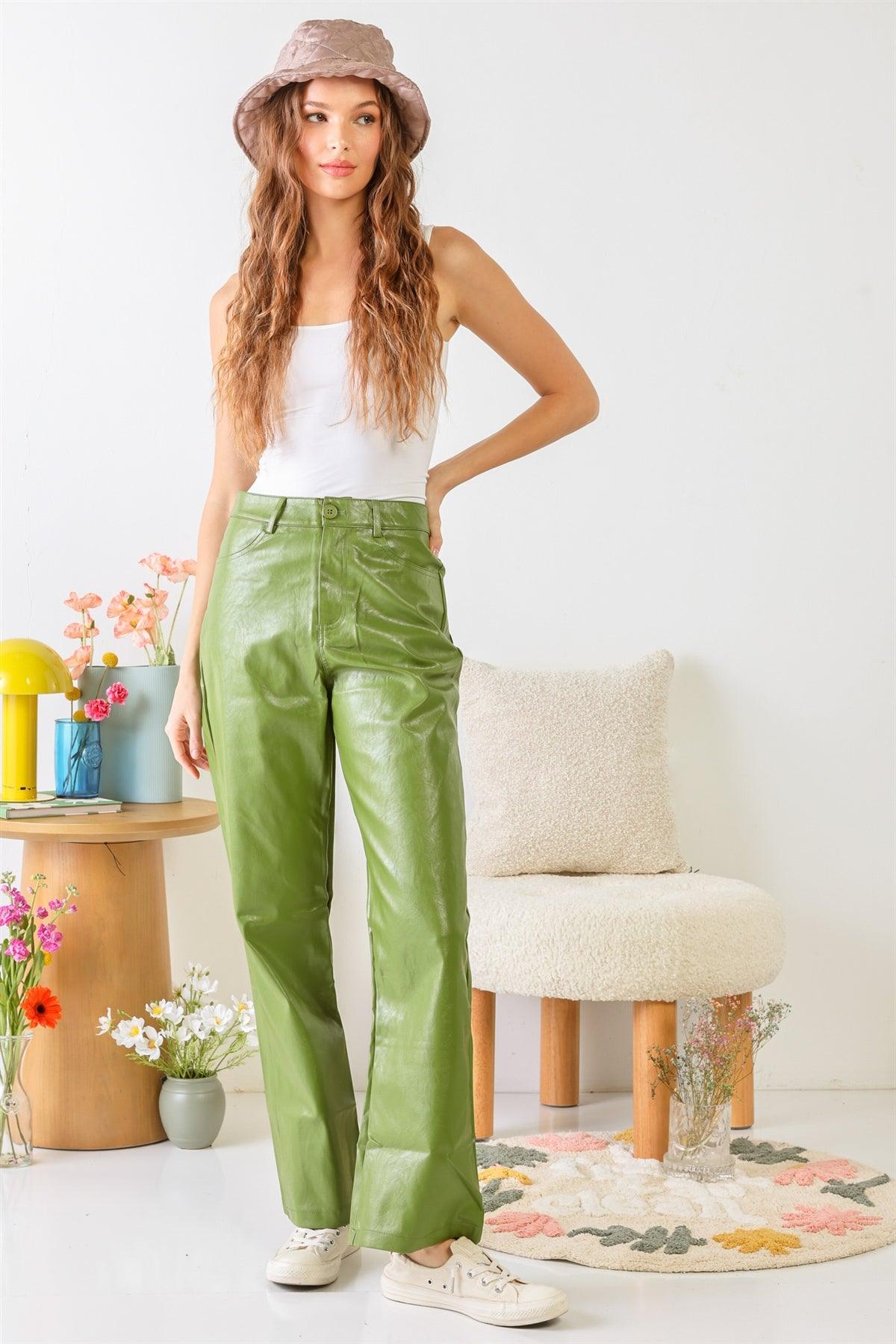 Green Faux Leather Four Pocket Wide Leg High Waist Pants /1-2-2-1