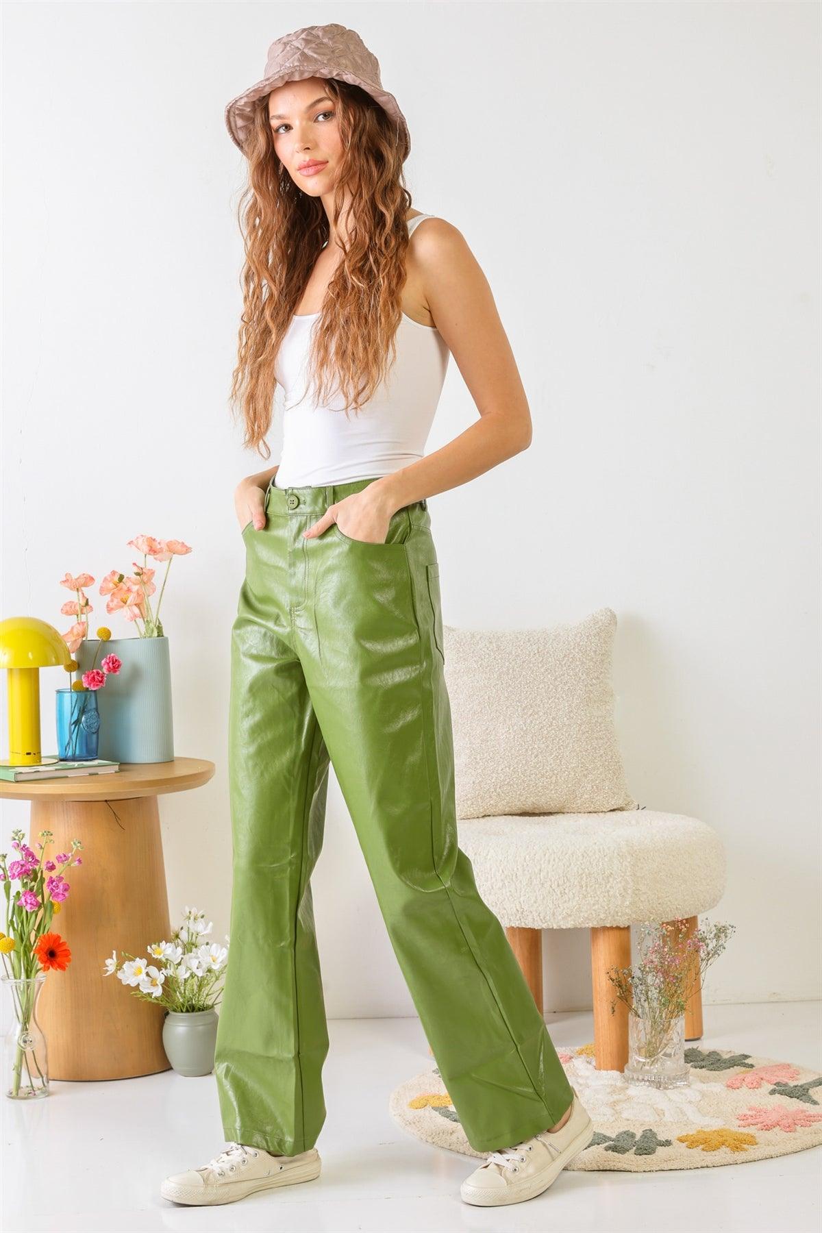 Green Faux Leather Four Pocket Wide Leg High Waist Pants /1-2-2-1