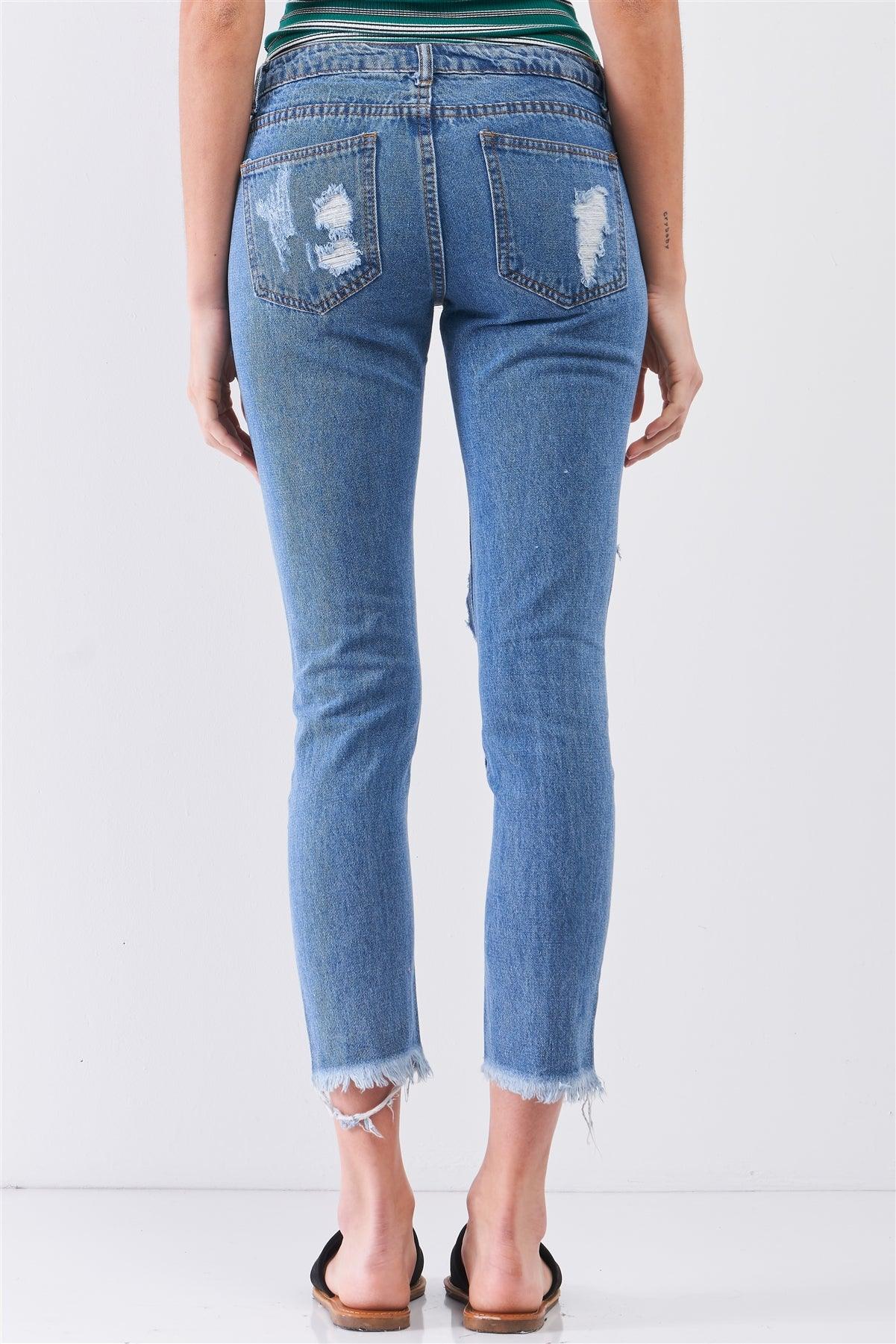 Medium Blue Ripped Destroyed Low-Mid Rise Denim Jeans  /3-2-1