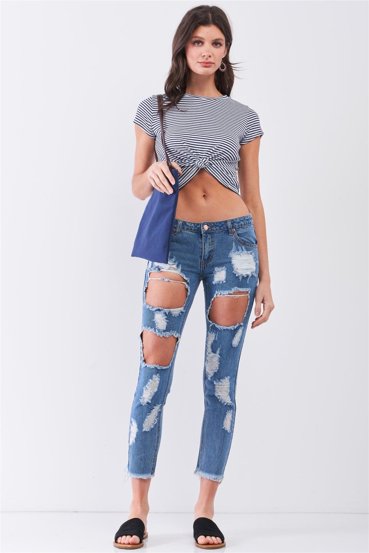 Medium Blue Ripped Destroyed Low-Mid Rise Denim Jeans  /3-2-1