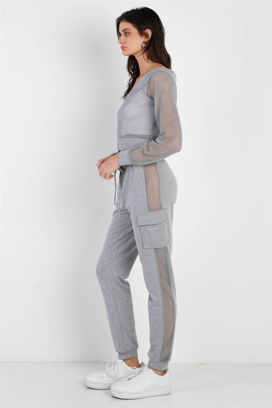 Heather Grey Contrast Fishnet Zip-Up Top & Pants Set /2-2-2