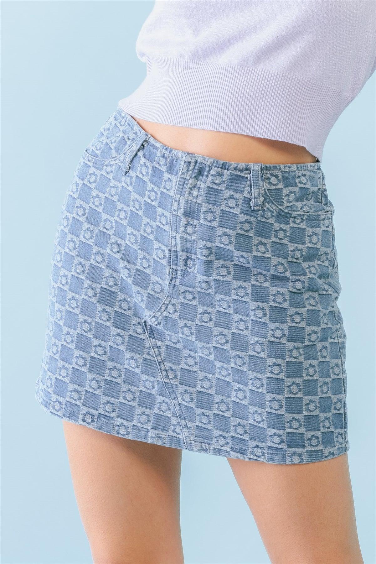 Light Denim Chess Cage & Flower Print Cotton Four Pocket High Waist Mini Skirt /3-2-1