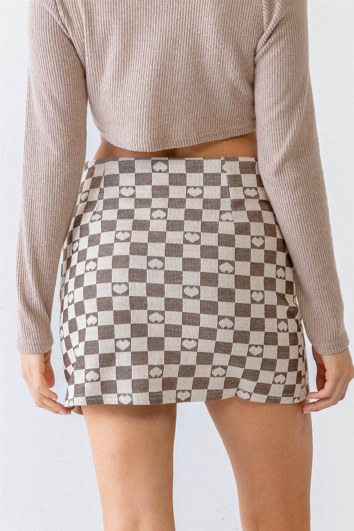 Cream & Brown Plaid & Heart Print High Waist Mini Skirt /1-2-2-1