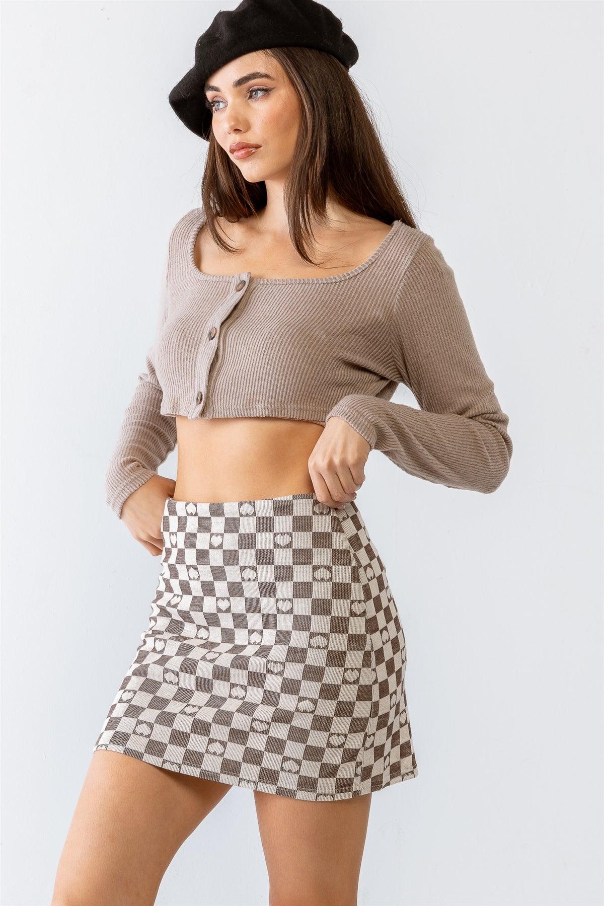 Cream & Brown Plaid & Heart Print High Waist Mini Skirt /1-2-2-1