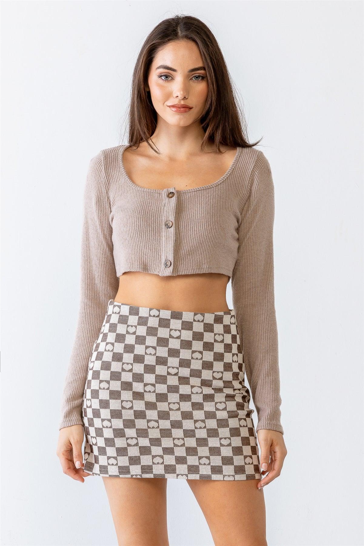 Cream & Brown Plaid & Heart Print High Waist Mini Skirt /1-2-2-1