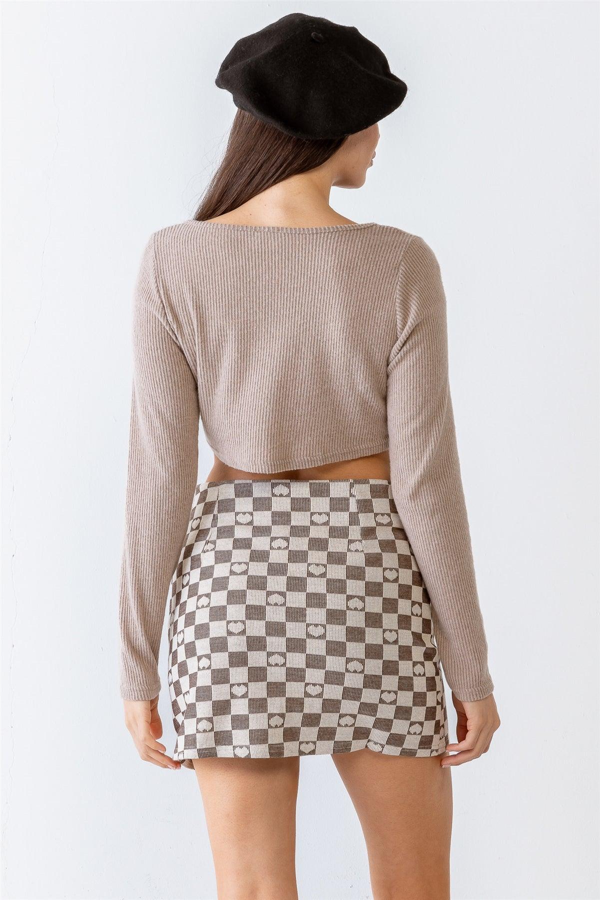 Cream & Brown Plaid & Heart Print High Waist Mini Skirt /1-2-2-1