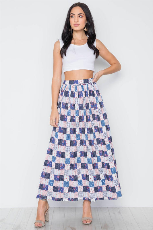 Boho Blue Flower Plaid Mix Print Pleated Maxi Skirt / 3-2-1