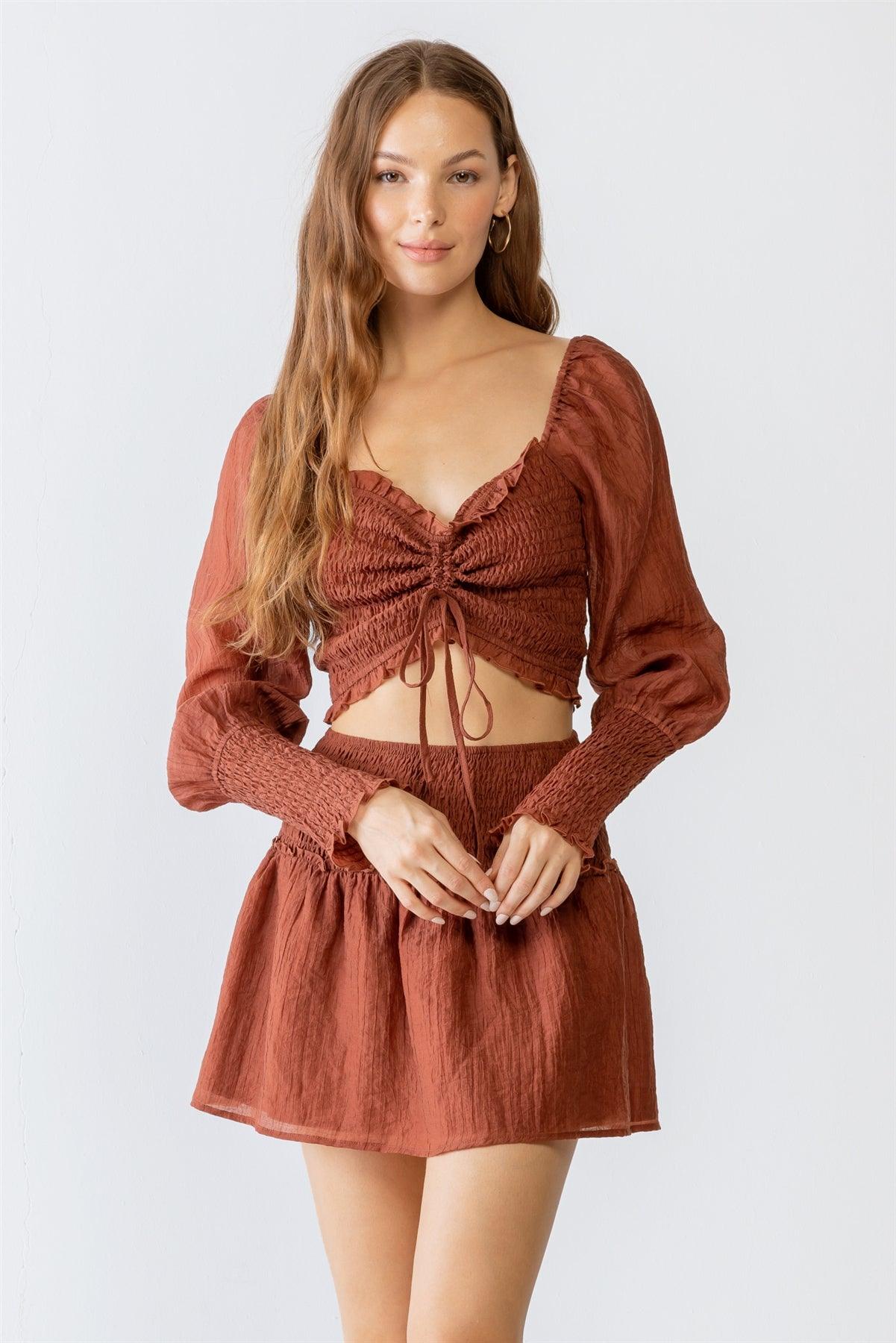 Brown Crinkled Smocked Ruched Puff Balloon Long Sleeve Ruffle Crop Top & High Waist Skirt Set S-M-L/3-2-1