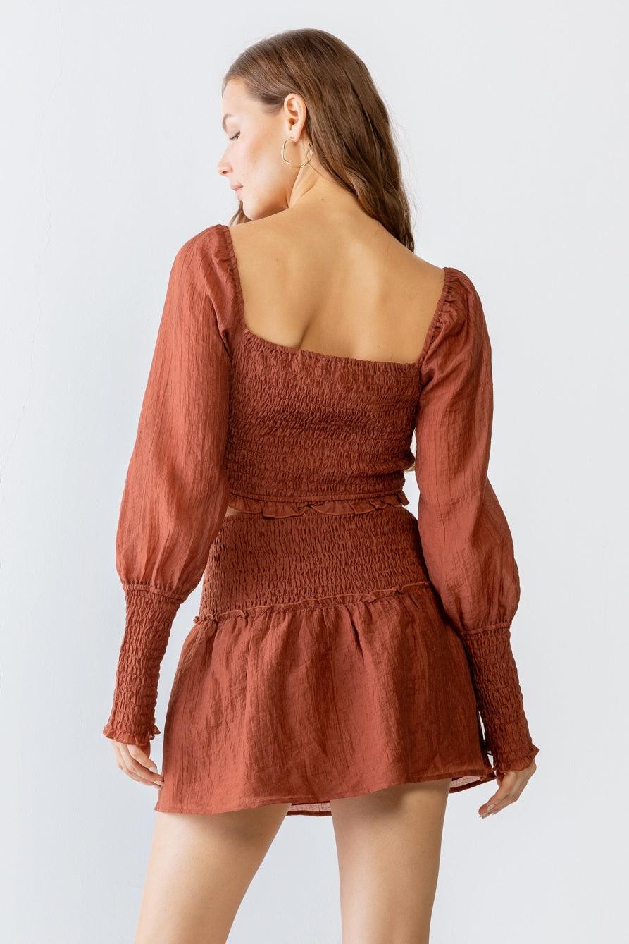 Brown Crinkled Smocked Ruched Puff Balloon Long Sleeve Ruffle Crop Top & High Waist Skirt Set S-M-L/3-2-1