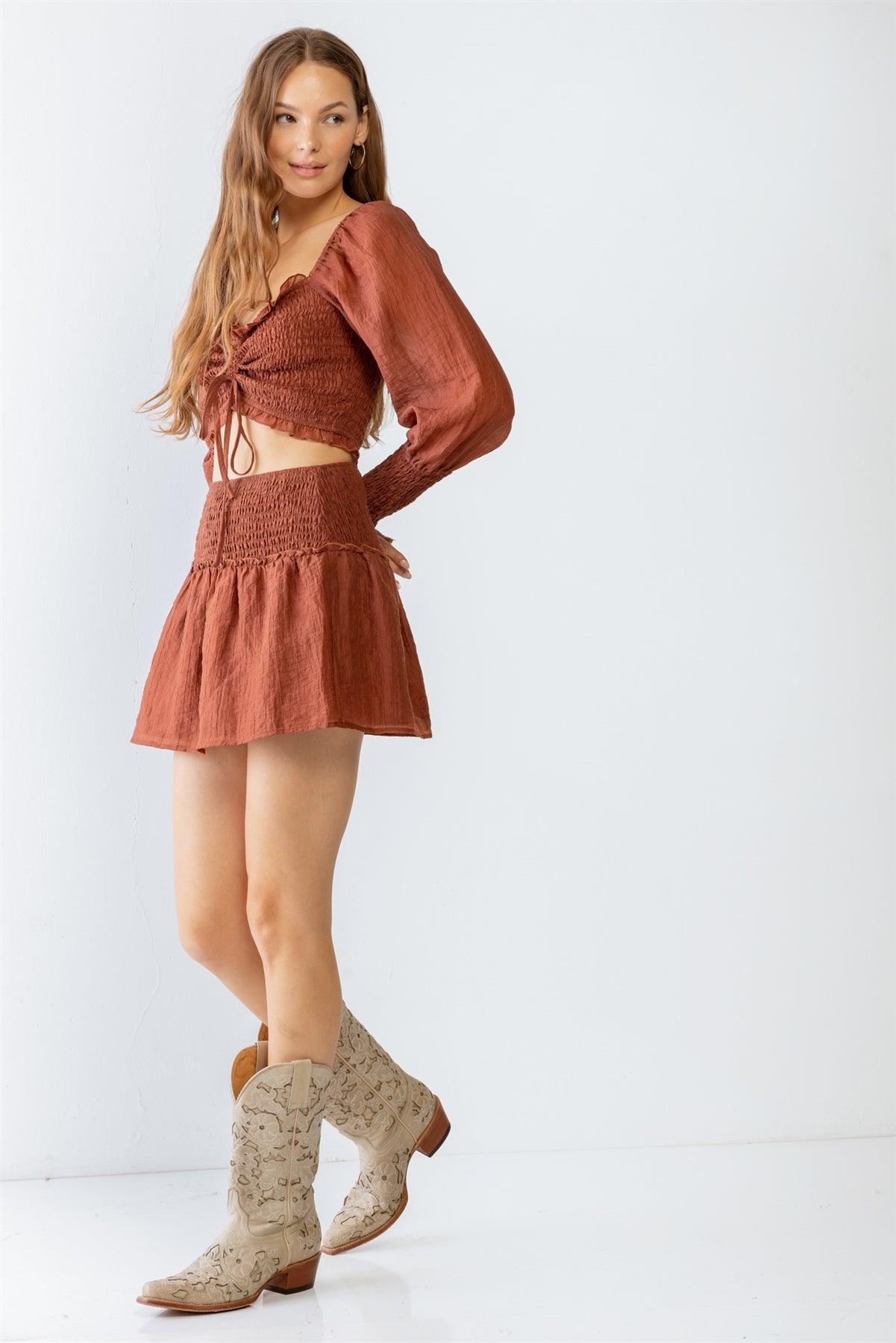 Brown Crinkled Smocked Ruched Puff Balloon Long Sleeve Ruffle Crop Top & High Waist Skirt Set S-M-L/3-2-1