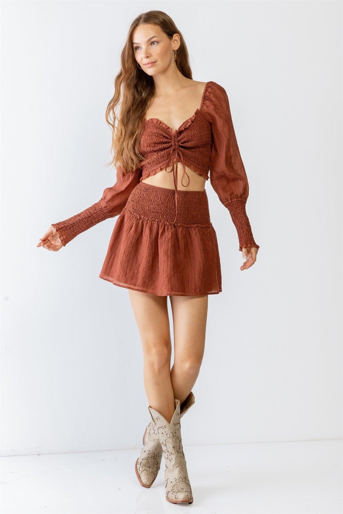 Brown Crinkled Smocked Ruched Puff Balloon Long Sleeve Ruffle Crop Top & High Waist Skirt Set S-M-L/3-2-1