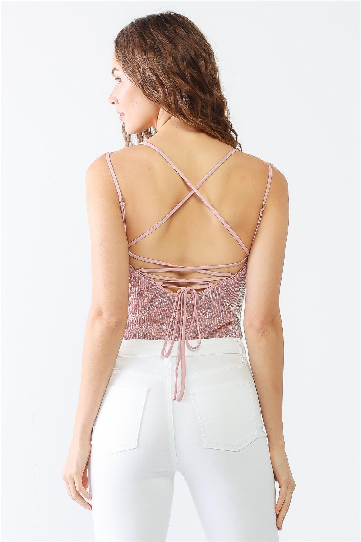 Pink Sequin Sleeveless Strappy Back Lace Down Bodysuit /2-2-1