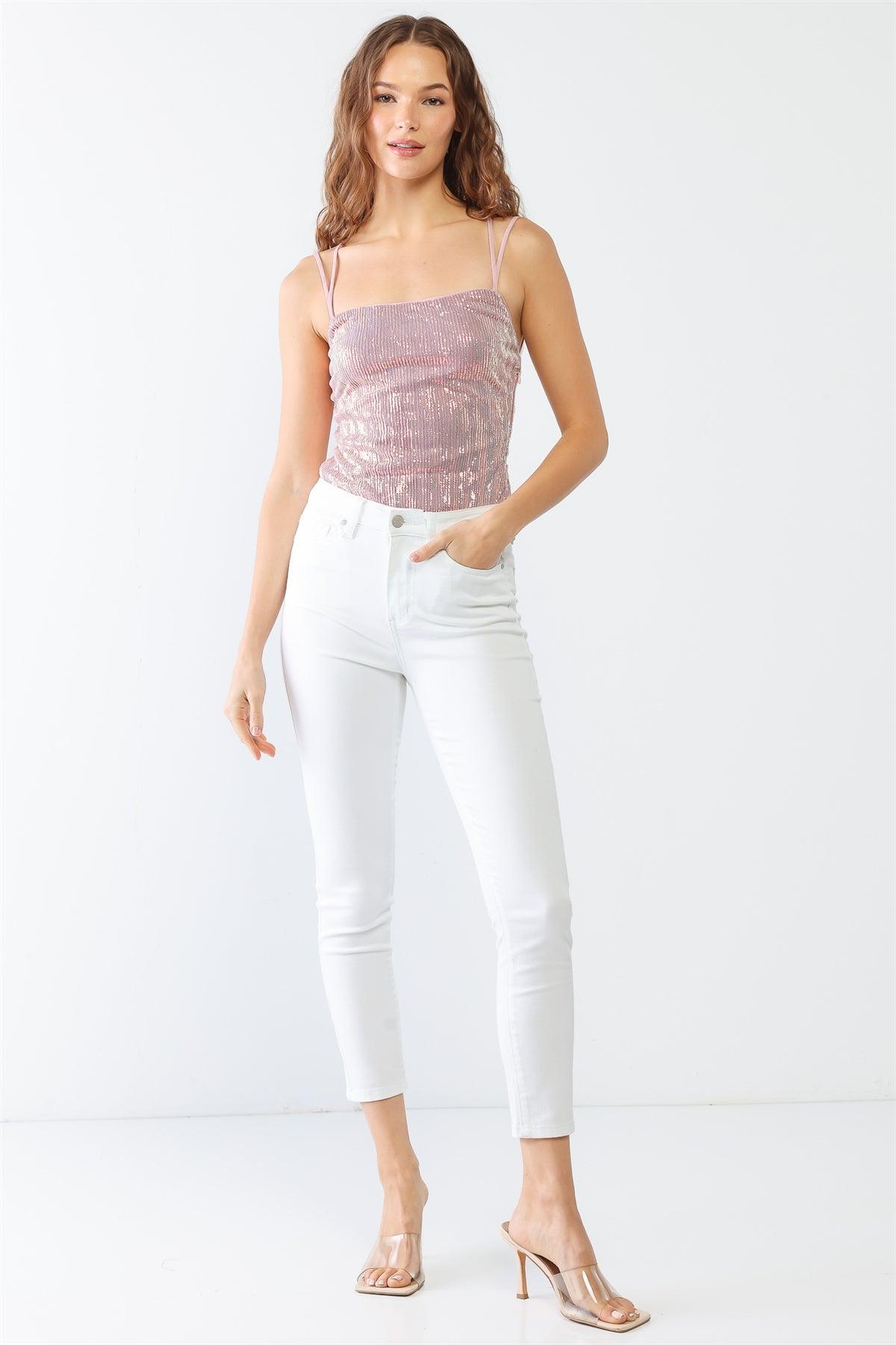 Pink Sequin Sleeveless Strappy Back Lace Down Bodysuit /2-2-1