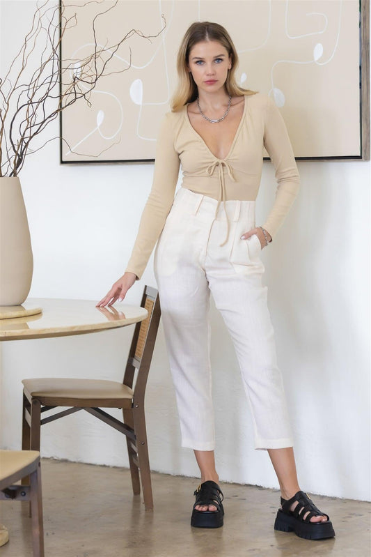 Beige Self-Tie V-Neck Long Sleeve Bodysuit /2-2-1