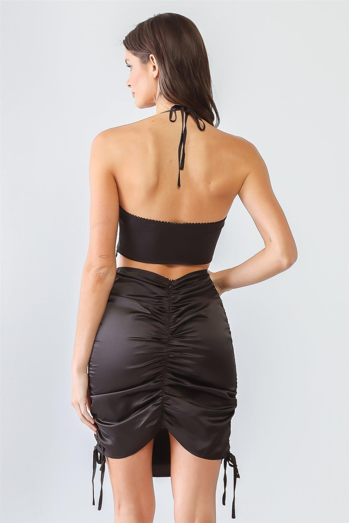 Wholesale Satin Bustier Ruffle Crop Top Ruched Mini Skirt Set