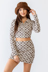 Cream & Brown Plaid & Heart Print Zip-Up Collared Crop Top & High Waist Mini Skirt Set /1-2-1-1