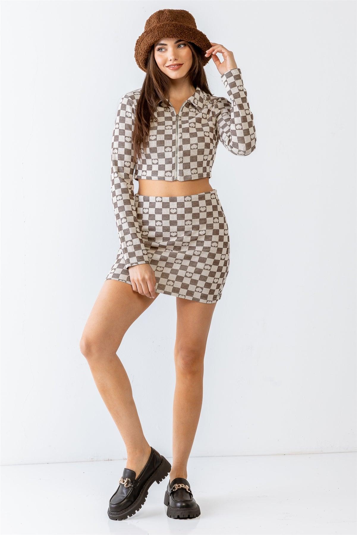 Cream & Brown Plaid & Heart Print Zip-Up Collared Crop Top & High Waist Mini Skirt Set /1-2-1-1