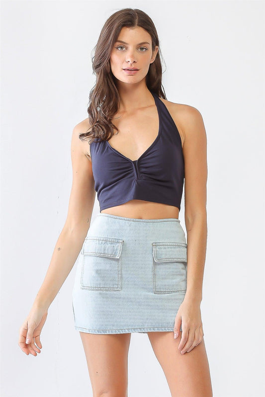 Navy Cotton Ruched V-Neck Sleeveless Crop Top /3-2-1