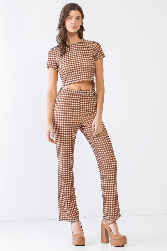 Tan & Brown Gingham Mesh Ruched Crop Top & High Waist Pants Set /3-2-1