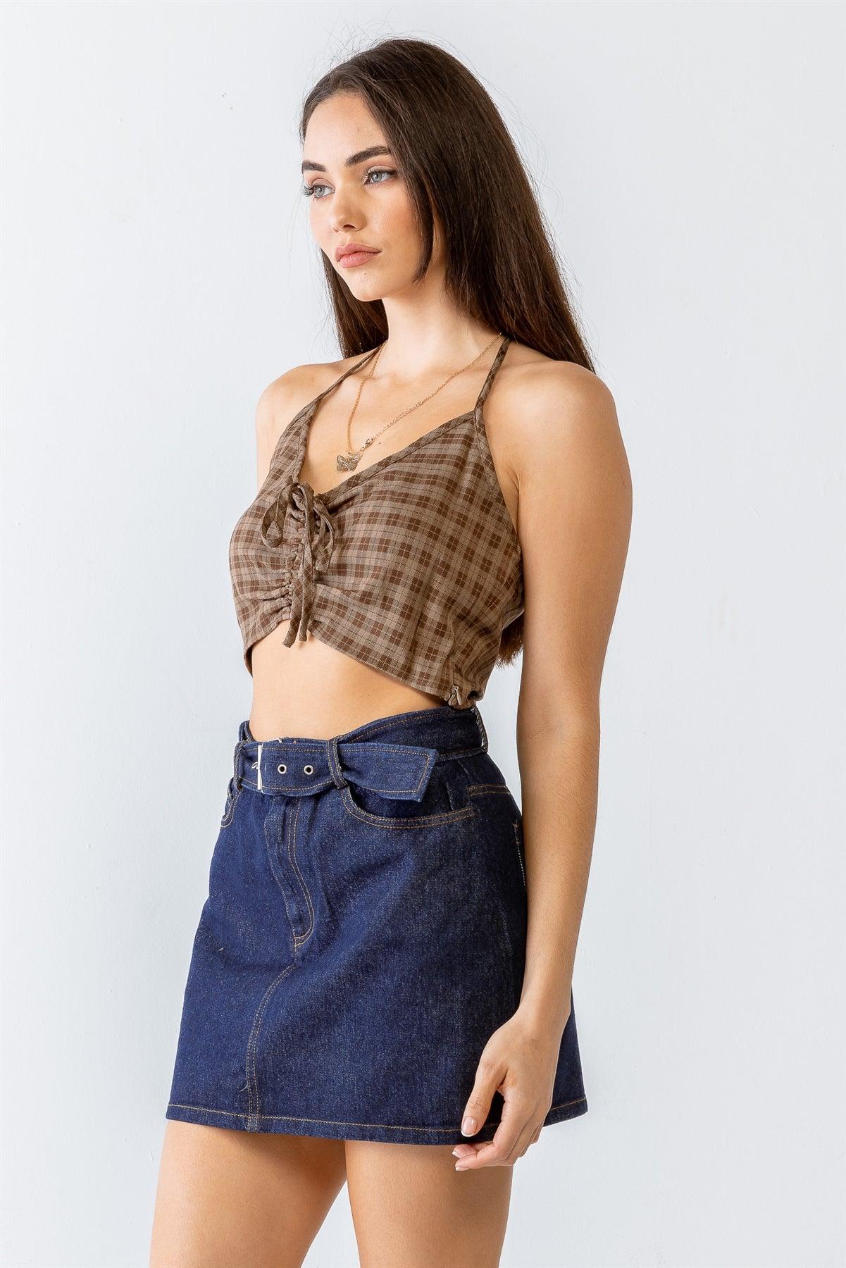 Brown Check Ruched Strappy Crop Top /1-2-2-1