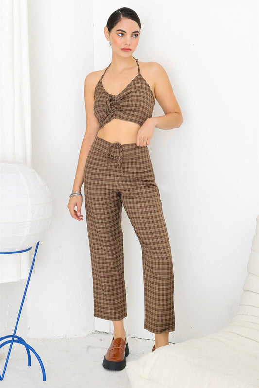 Brown Check Ruched Strappy Crop Top & High Waist Ruched Wide Leg Pants Set /1-2-2-1