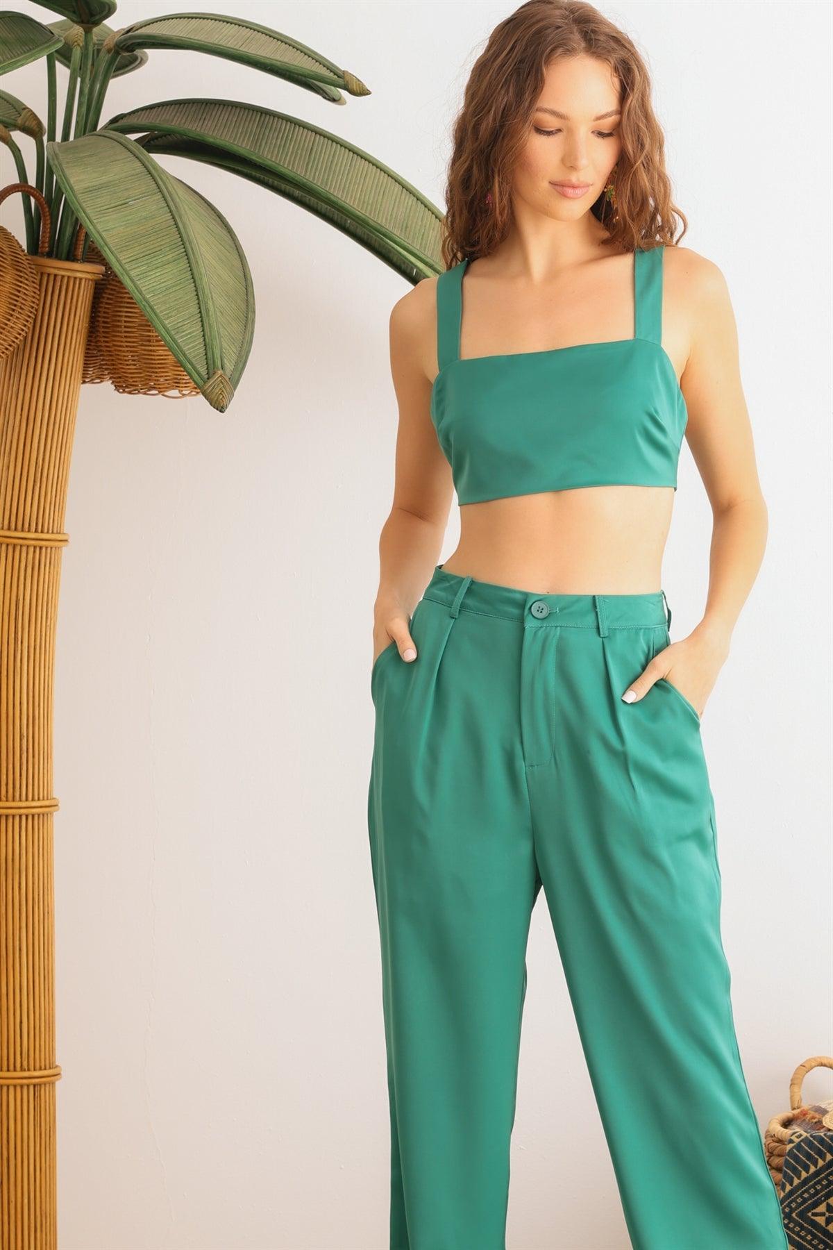 Dark Green Satin Sleeveless Crop Top & High Waist Wide Leg Pants Set /1-2-2-1