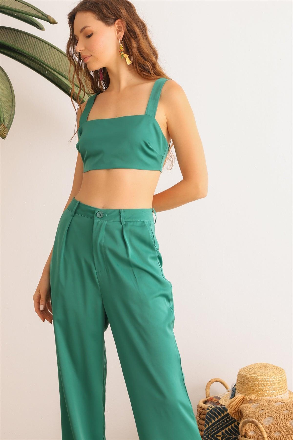 Dark Green Satin Sleeveless Crop Top & High Waist Wide Leg Pants Set /1-2-2-1