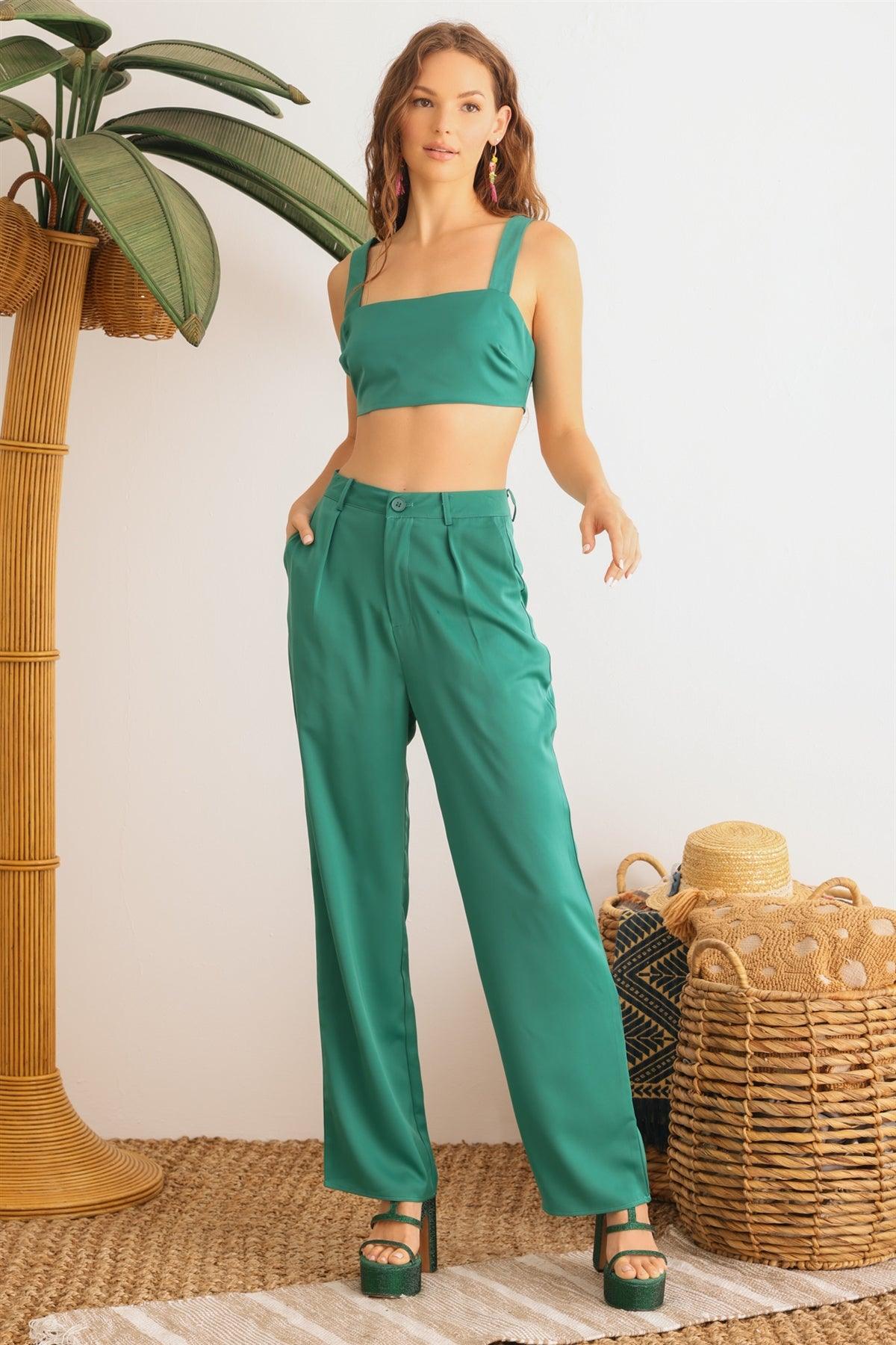 Dark Green Satin Sleeveless Crop Top & High Waist Wide Leg Pants Set /1-2-2-1