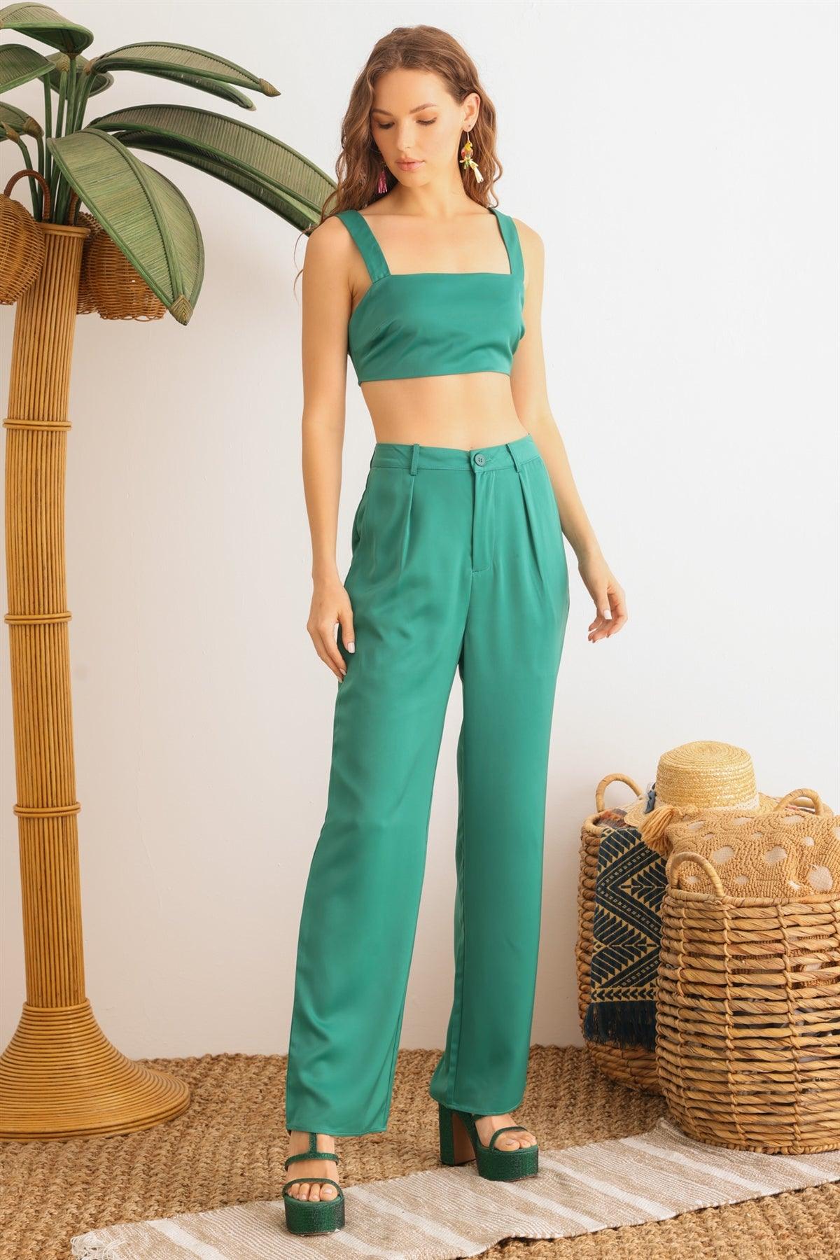 Dark Green Satin Sleeveless Crop Top & High Waist Wide Leg Pants Set /1-2-2-1