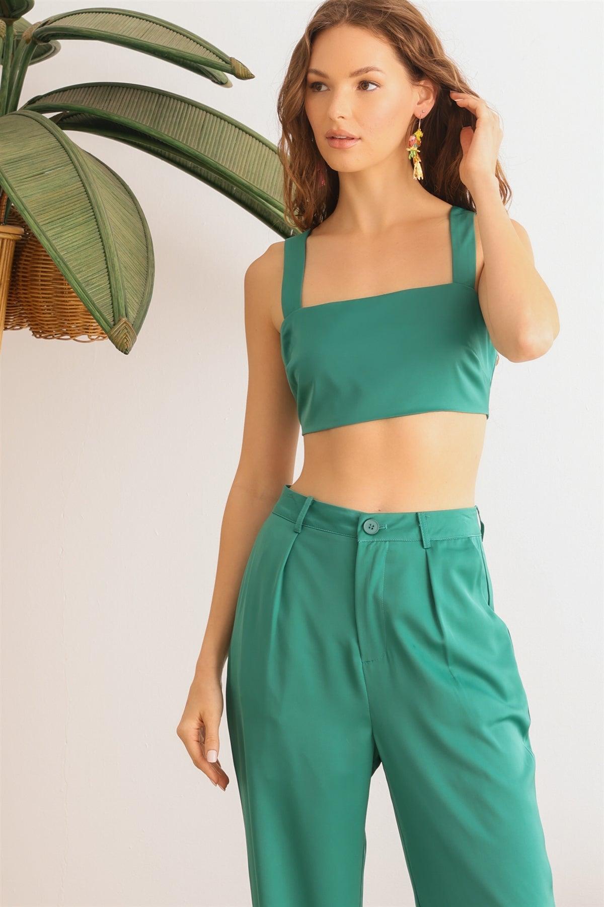 Dark Green Satin Sleeveless Crop Top & High Waist Wide Leg Pants Set /1-2-2-1