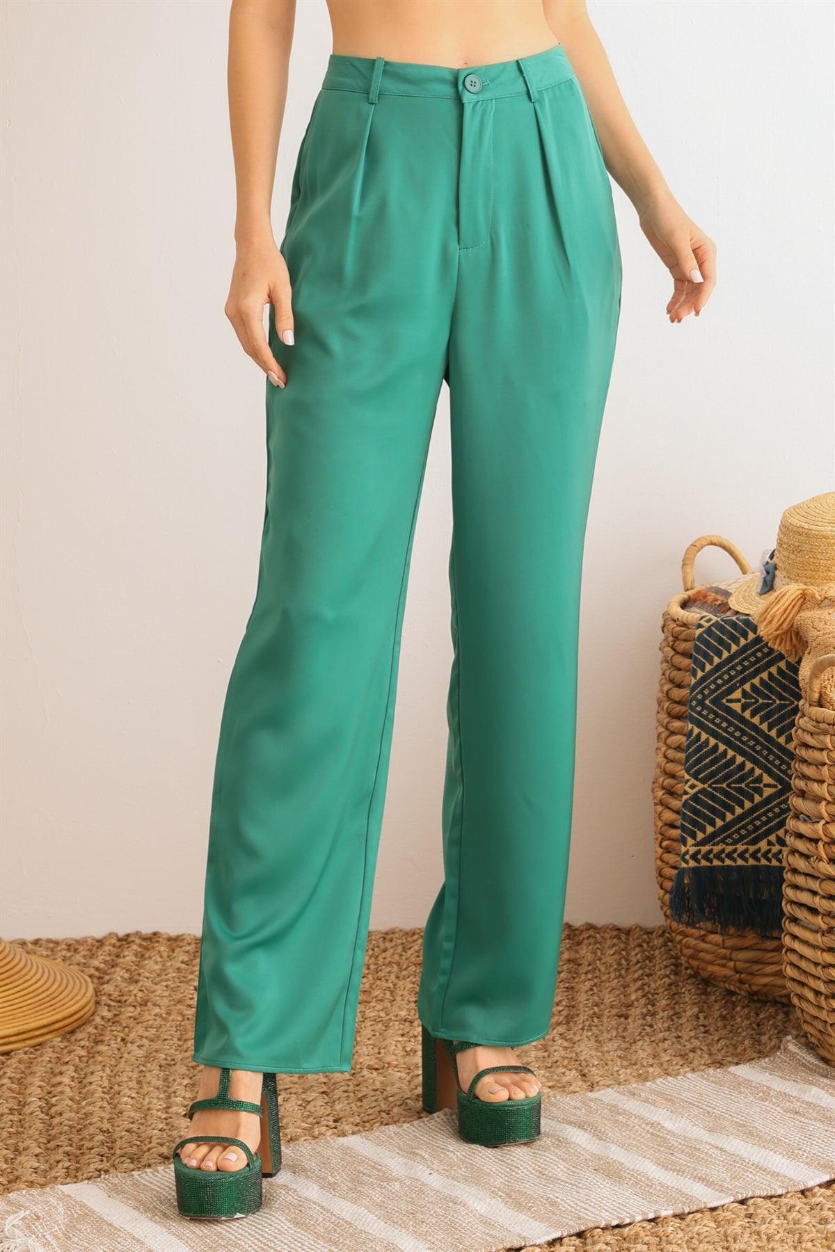 Dark Green Satin Sleeveless Crop Top & High Waist Wide Leg Pants Set /1-2-2-1