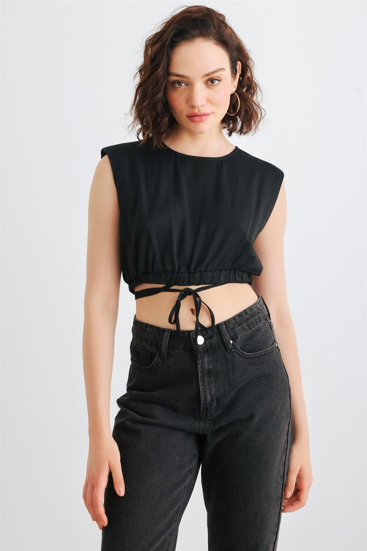 Black Sleeveless Crew Neck Drawstring Hem Crop Top /1-2-2-1