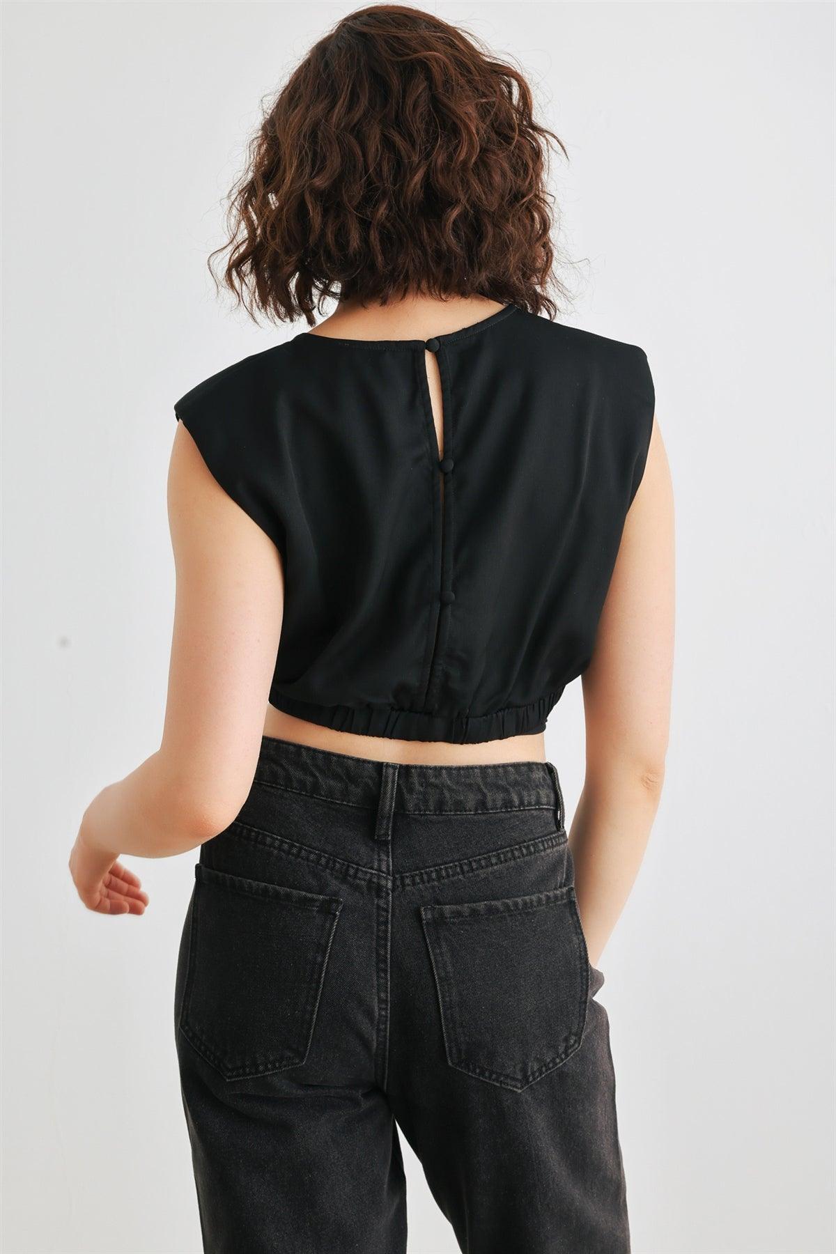 Black Sleeveless Crew Neck Drawstring Hem Crop Top /1-2-2-1