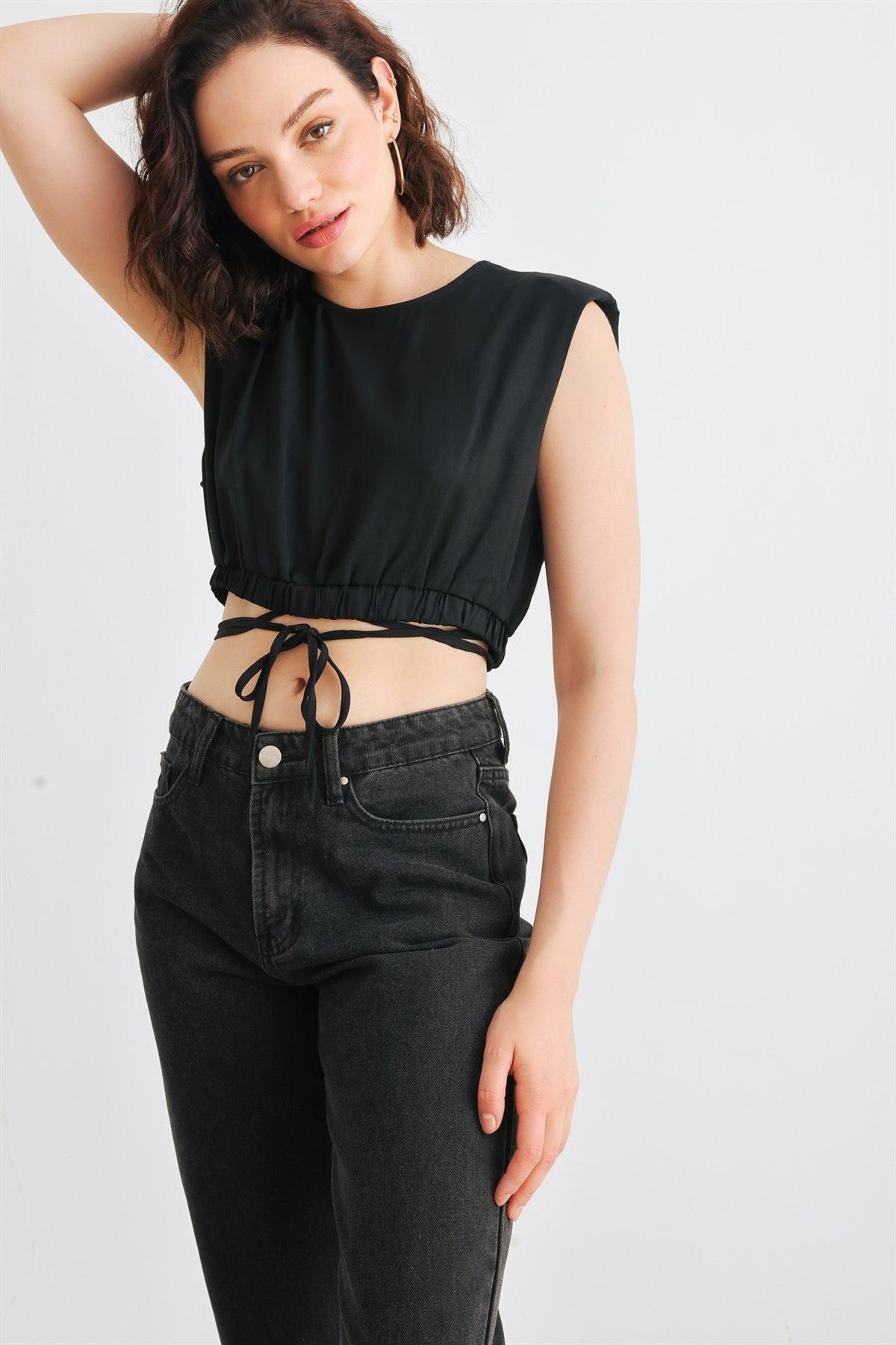 Black Sleeveless Crew Neck Drawstring Hem Crop Top /1-2-2-1