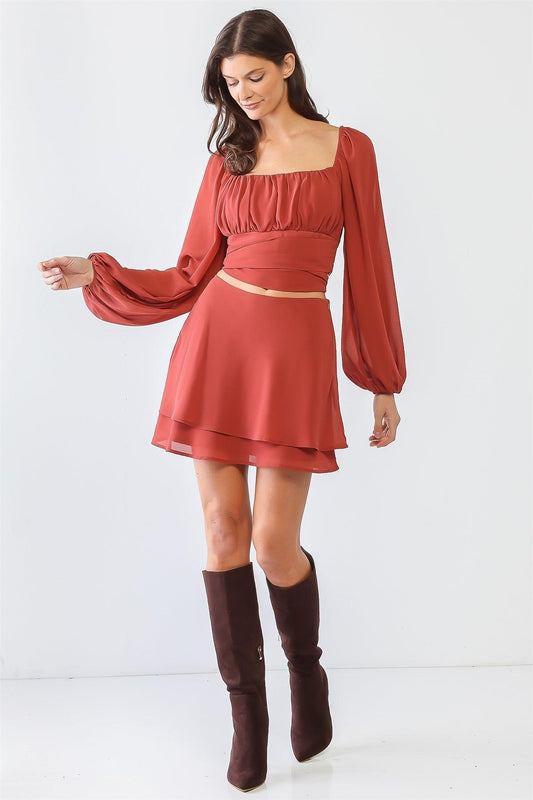 Marsala Around Self-Tie Puff Balloon Long Sleeve Crop Top & Layer Flare Hem Mini Skirt Set /1-2-2-1