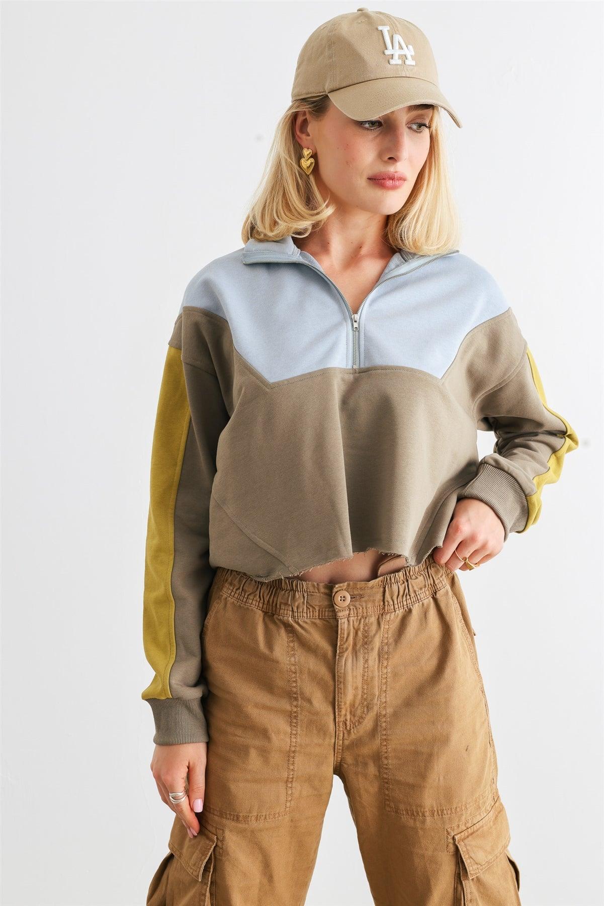 Dusty Olive & Blue Zip-Up Mock Neck Long Sleeve Crop Top /1-2-2