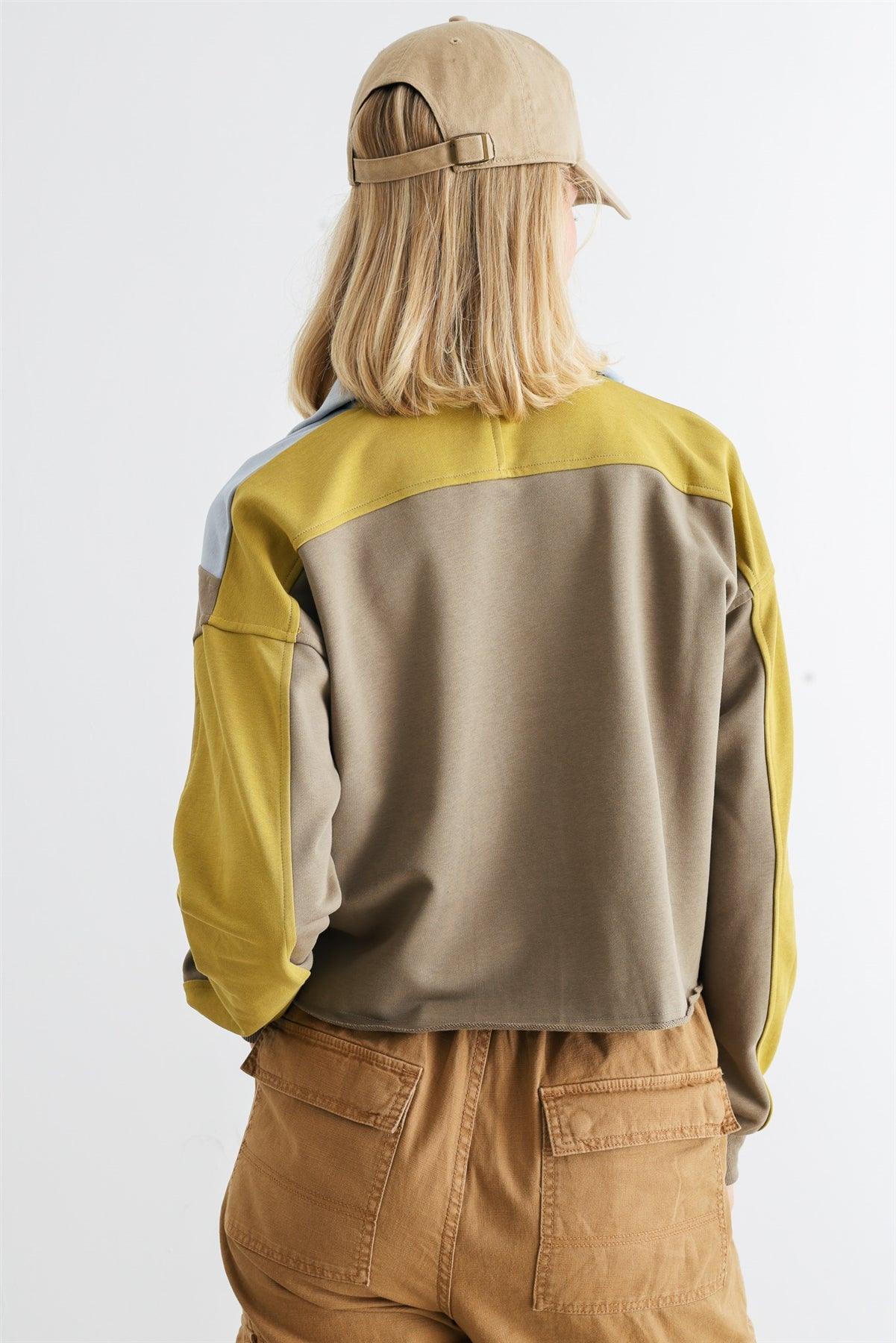 Dusty Olive & Blue Zip-Up Mock Neck Long Sleeve Crop Top /1-2-2