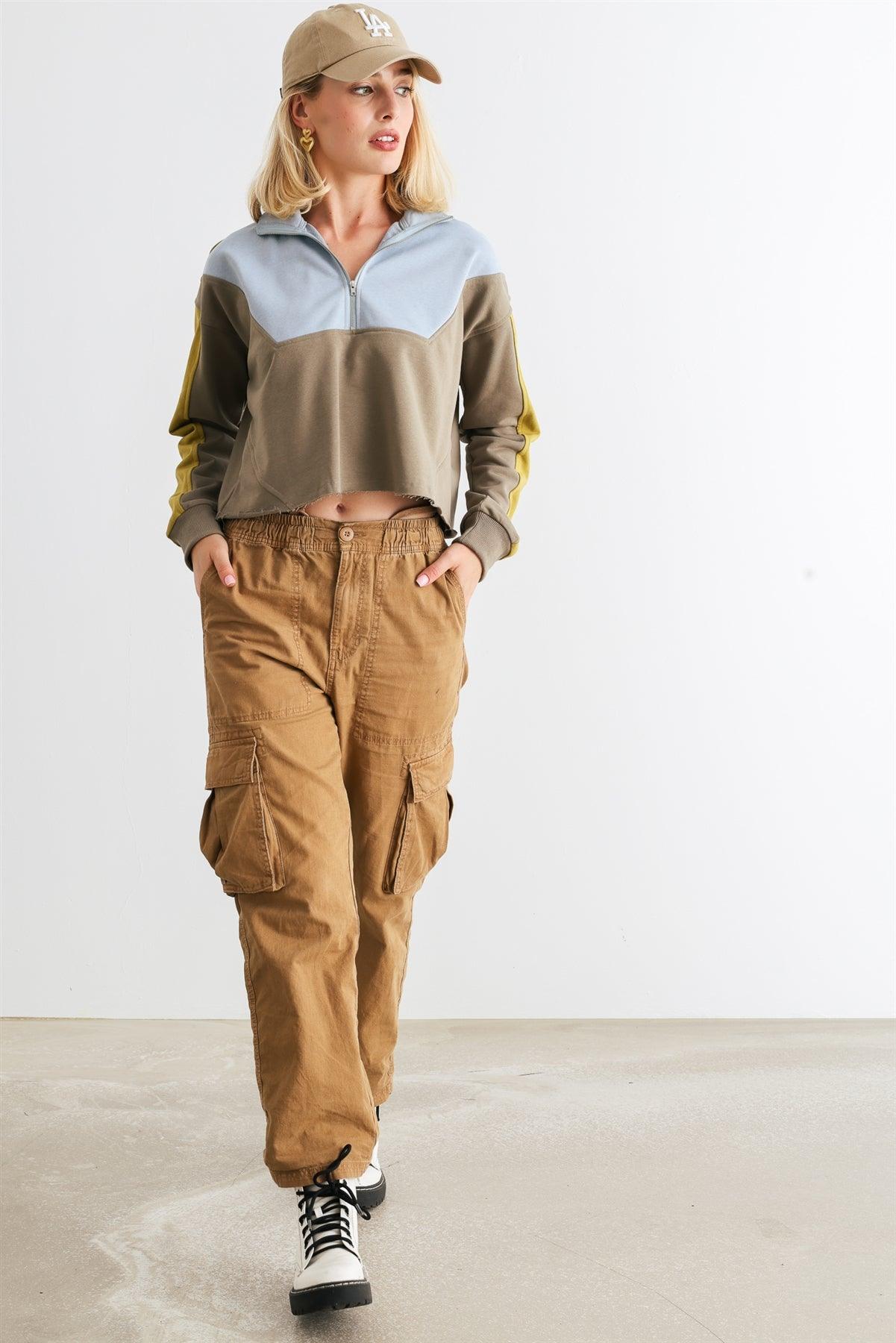 Dusty Olive & Blue Zip-Up Mock Neck Long Sleeve Crop Top /1-2-2