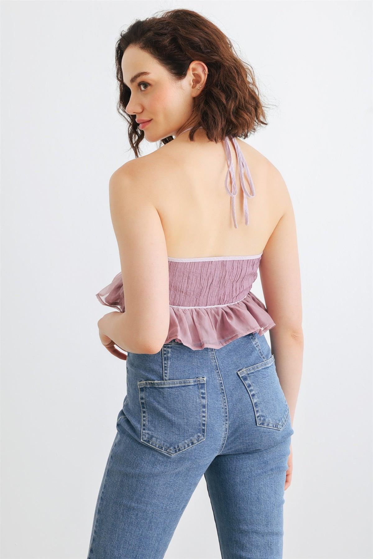 Lavender Multi Sleeveless V-Neck Ruffle Hem Crop Top /1-2-2-1